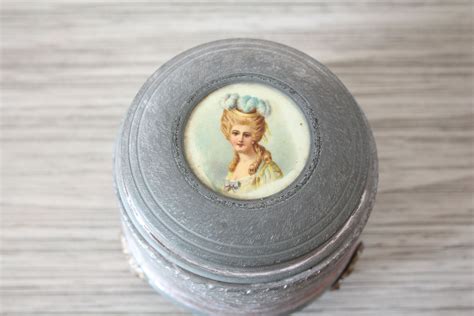 vintage metal powder box|old fashioned powder puff.